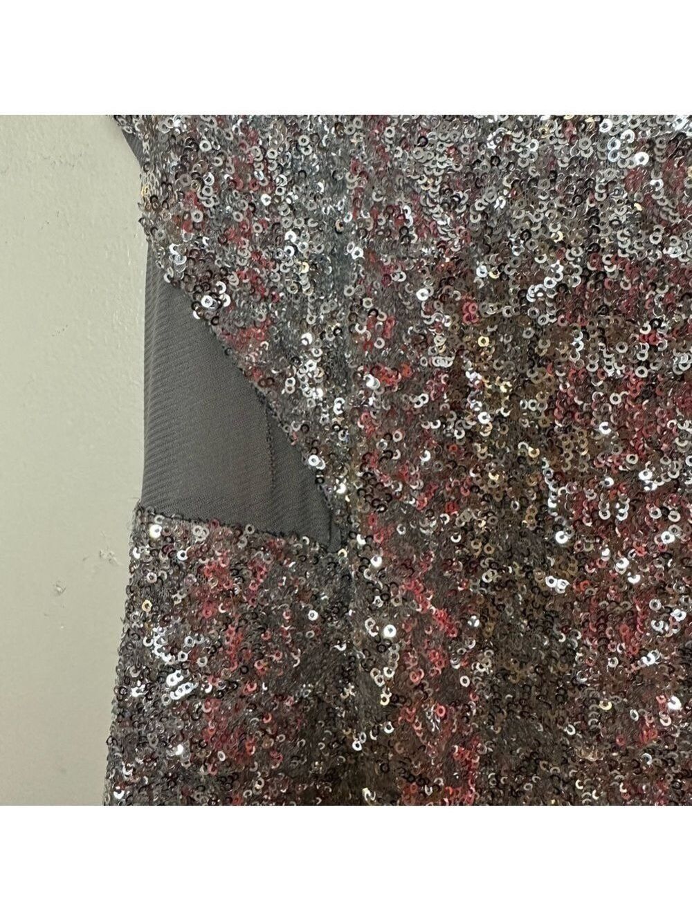 Bebe Silver Sequin Bodycon Sleeveless Mini Dress with Mesh Cutouts - Picture 7 of 14